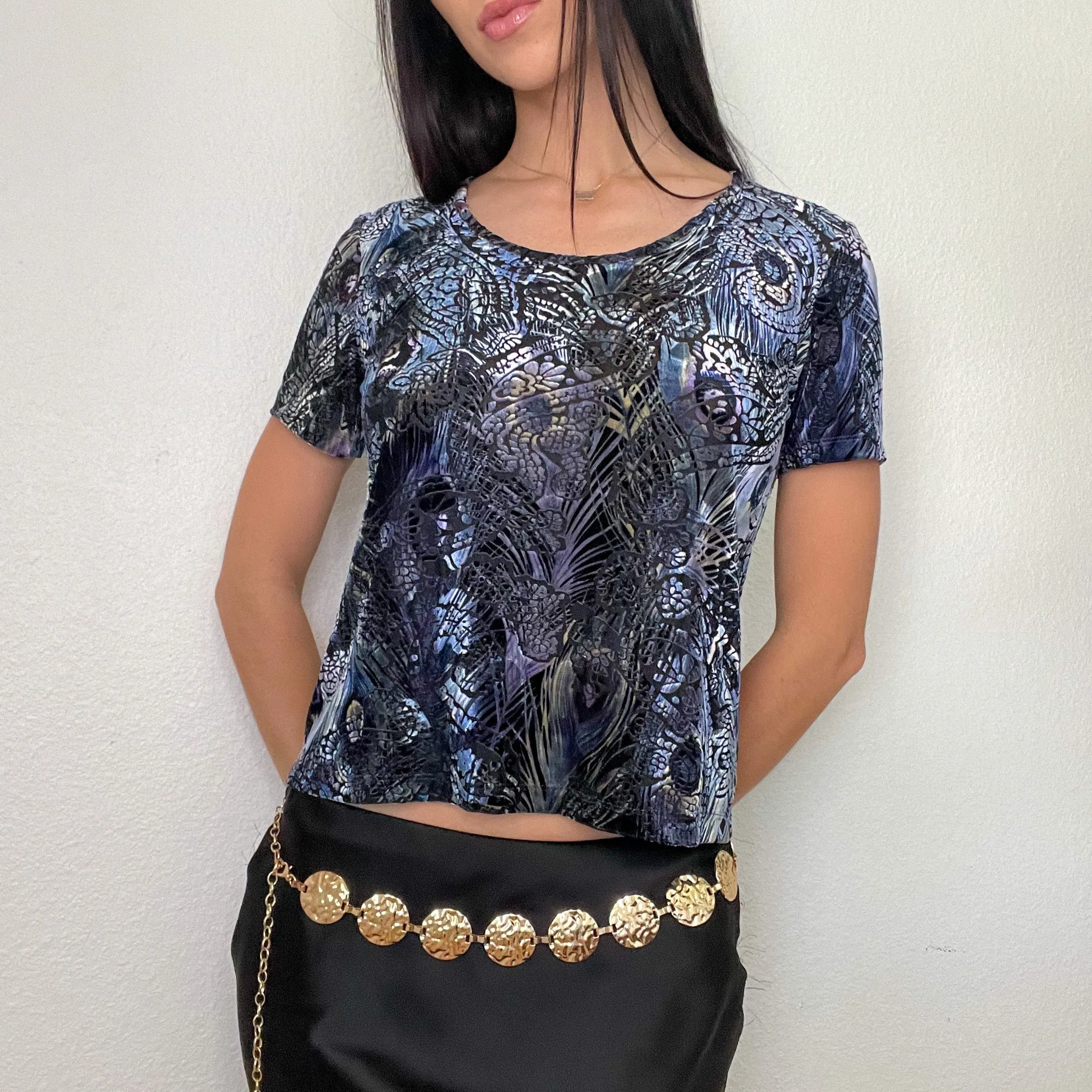 Purple Velour Mesh Printed Top (S)