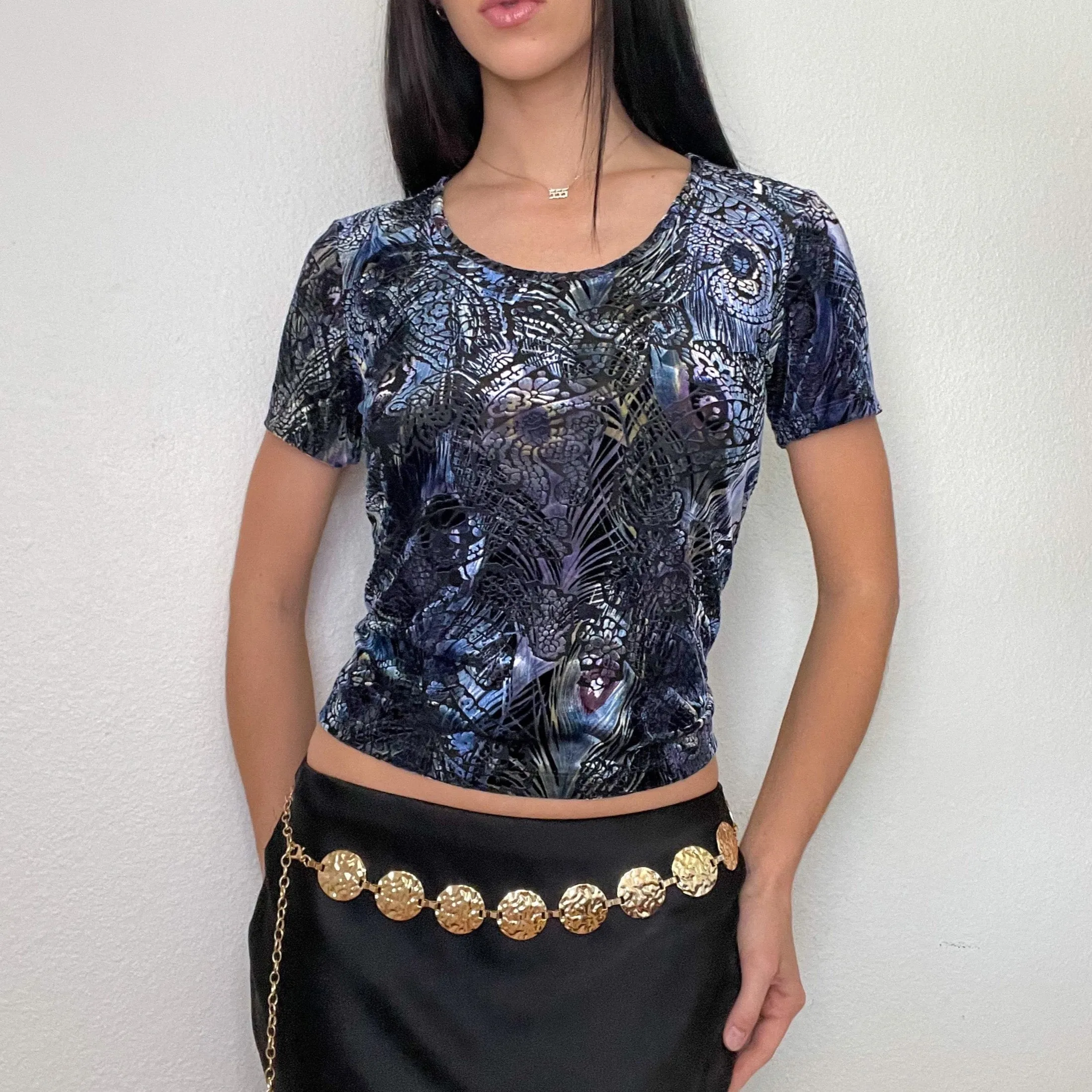 Purple Velour Mesh Printed Top (S)