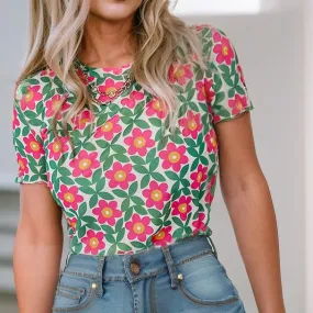 Retro Floral Print Crew Neck T Shirt