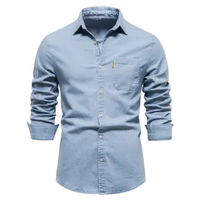 Riolio Autumn New Cotton Men's Denim Shirt Solid Color Single Pocket Casual Long Sleeve Shirt Autumn Jeans Shirt for Men