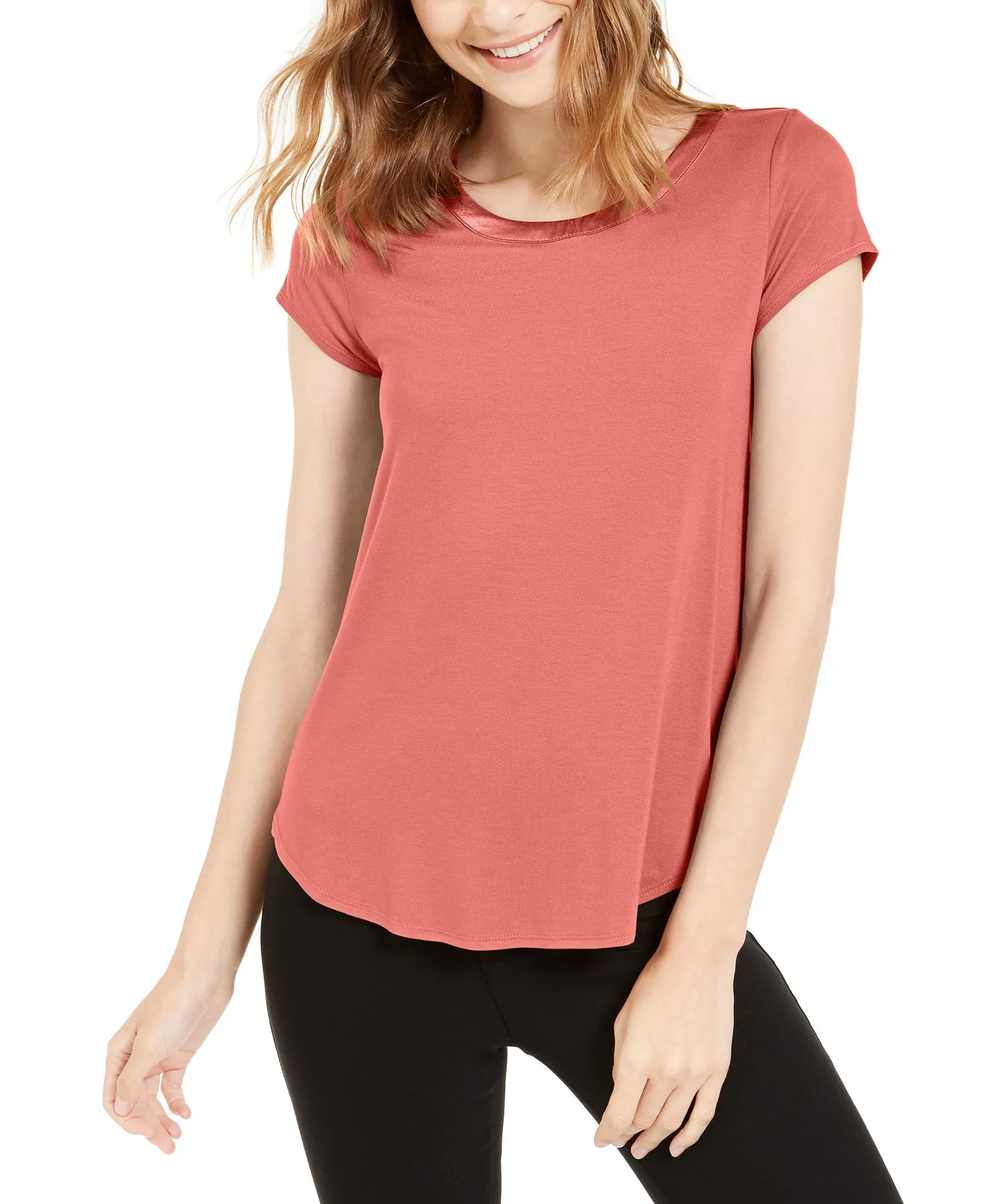 Satin-Trim High-Low T-Shirt