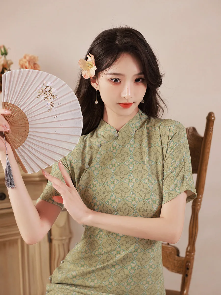 Short Sleeve Floral Silk-cotton Tea Length Retro Cheongsam Day Dress