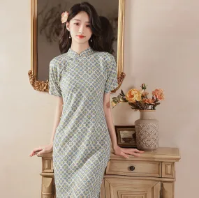 Short Sleeve Floral Silk-cotton Tea Length Retro Cheongsam Day Dress