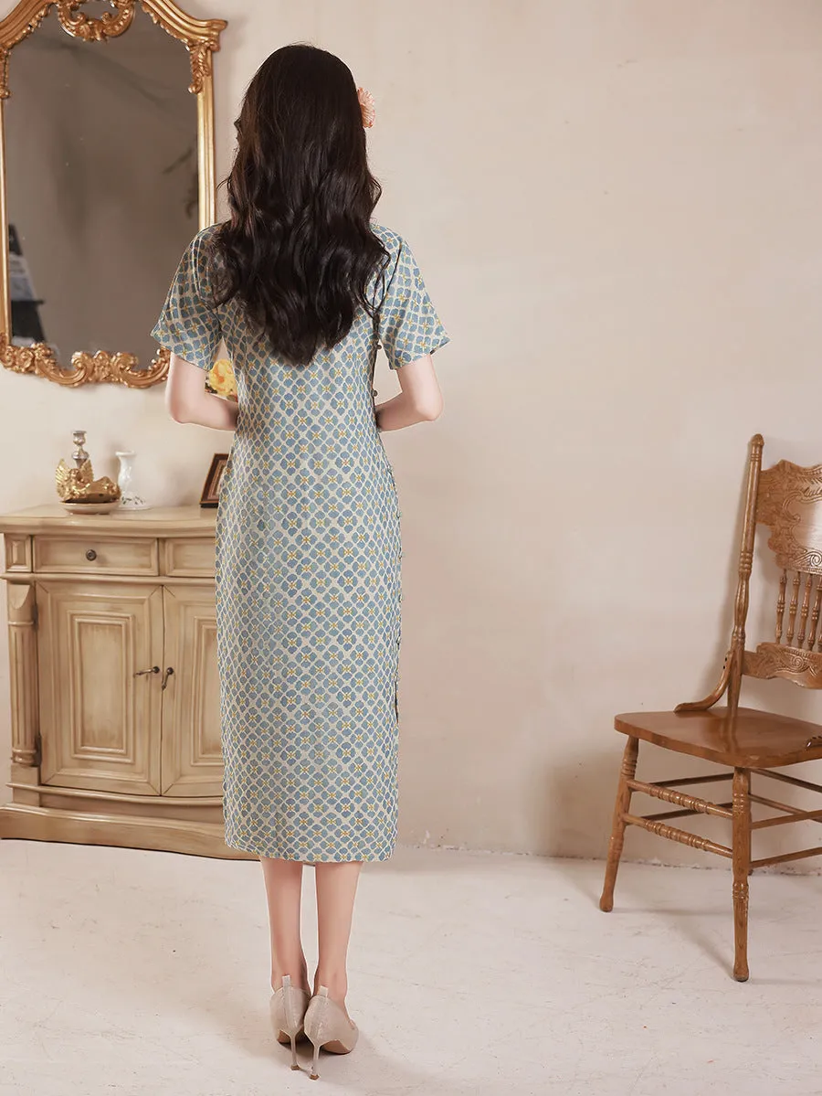 Short Sleeve Floral Silk-cotton Tea Length Retro Cheongsam Day Dress