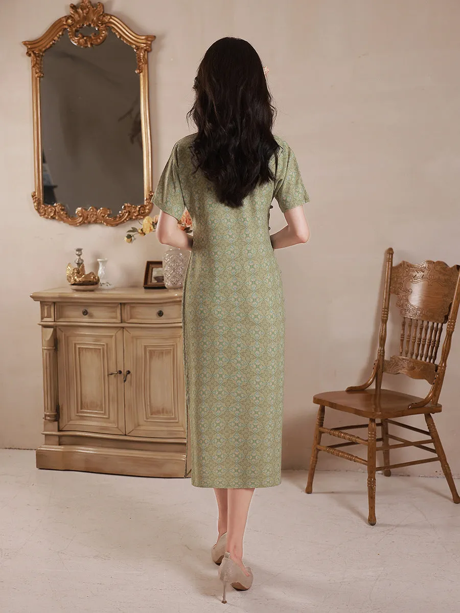 Short Sleeve Floral Silk-cotton Tea Length Retro Cheongsam Day Dress