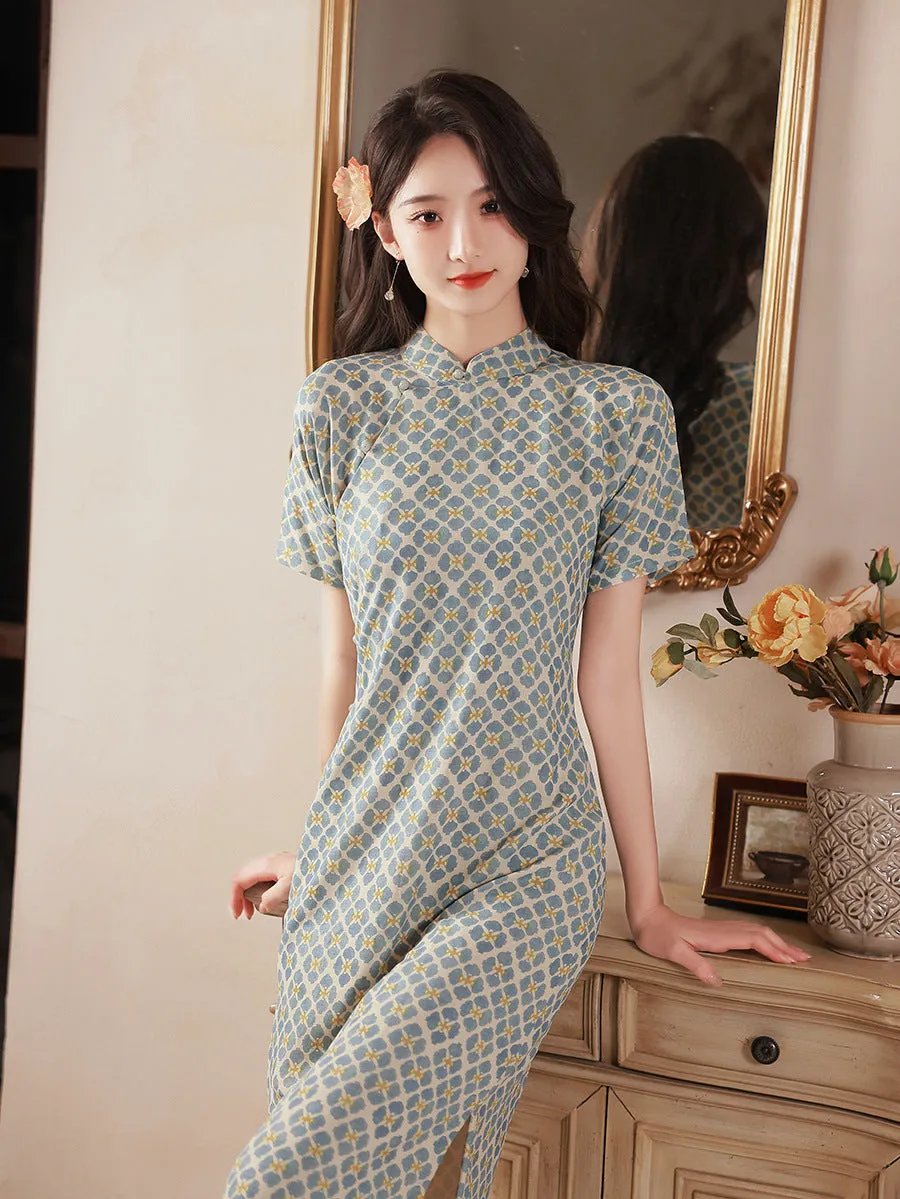 Short Sleeve Floral Silk-cotton Tea Length Retro Cheongsam Day Dress