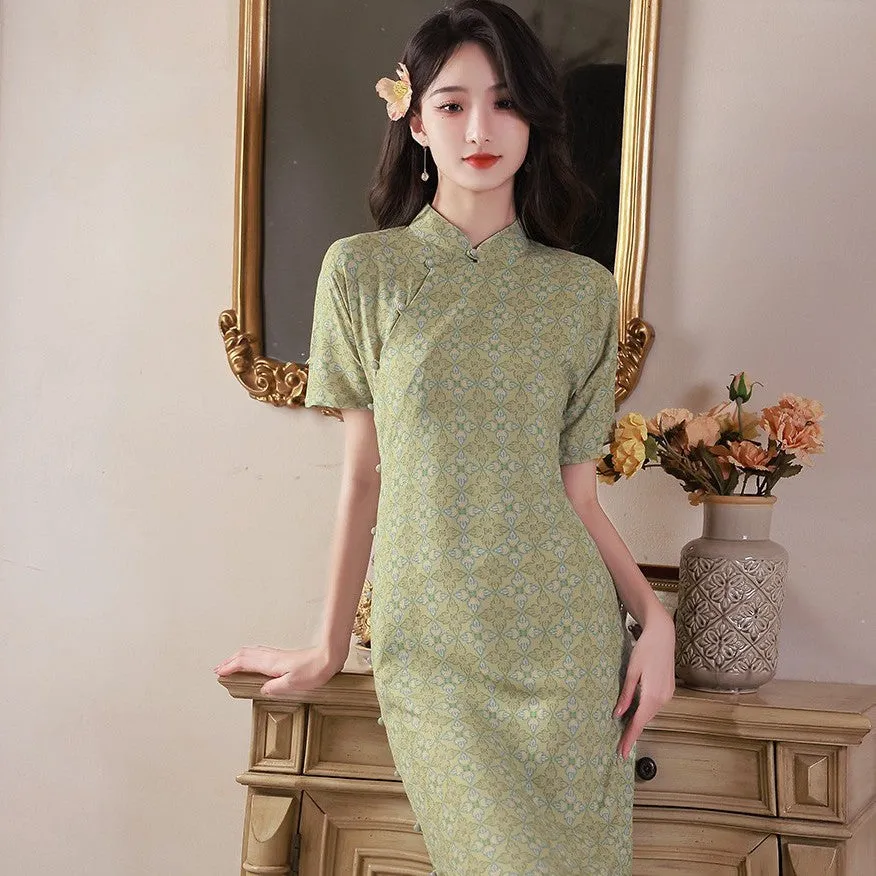 Short Sleeve Floral Silk-cotton Tea Length Retro Cheongsam Day Dress