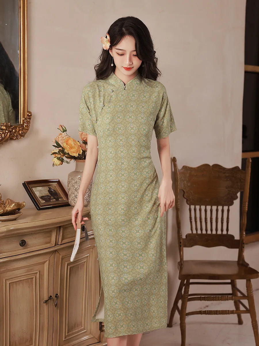 Short Sleeve Floral Silk-cotton Tea Length Retro Cheongsam Day Dress