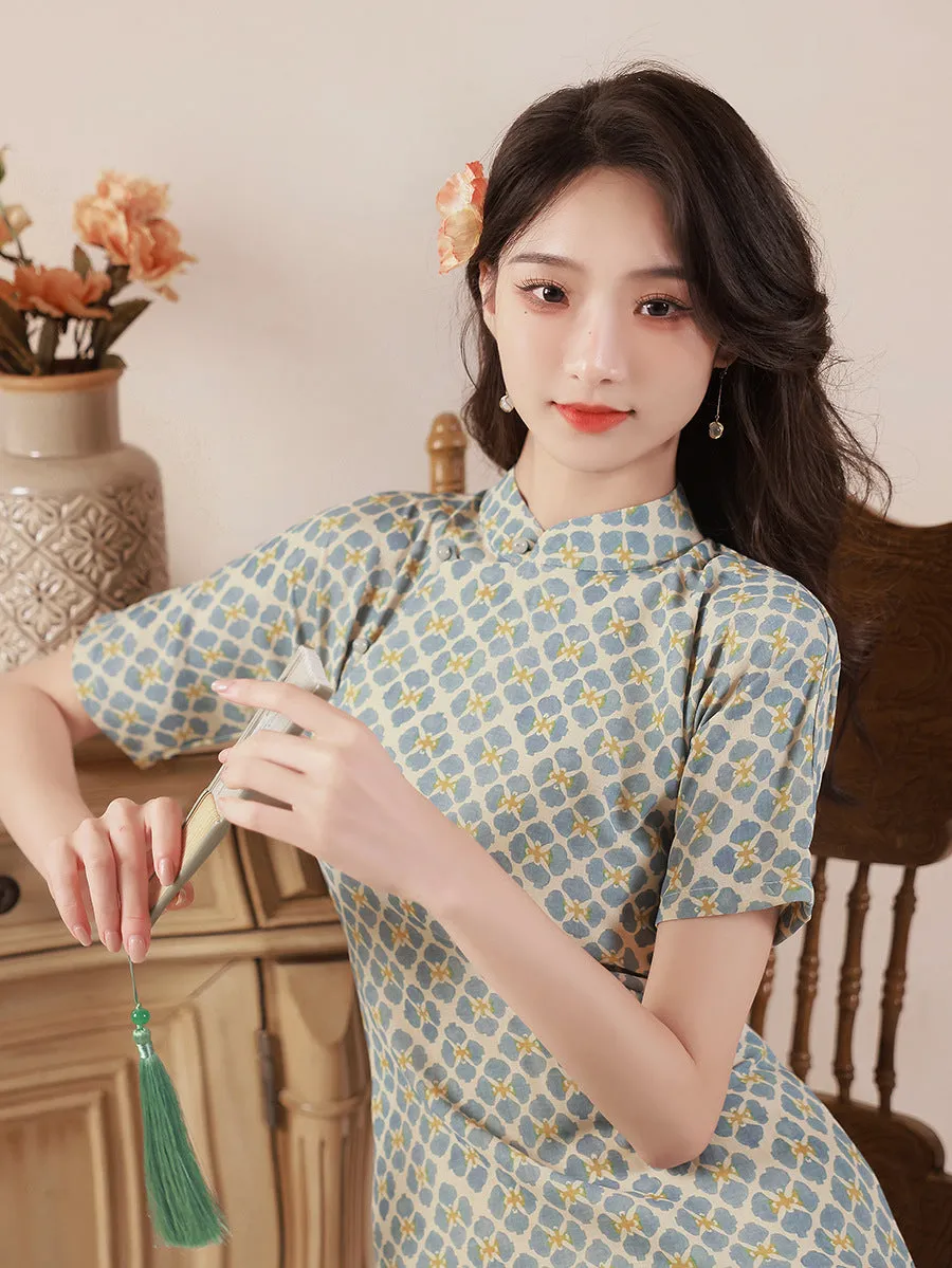 Short Sleeve Floral Silk-cotton Tea Length Retro Cheongsam Day Dress