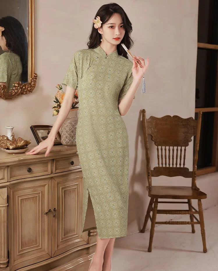 Short Sleeve Floral Silk-cotton Tea Length Retro Cheongsam Day Dress