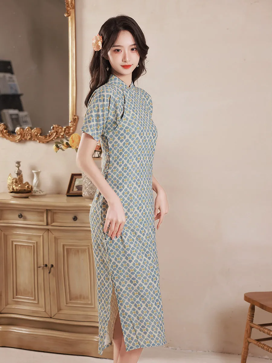 Short Sleeve Floral Silk-cotton Tea Length Retro Cheongsam Day Dress