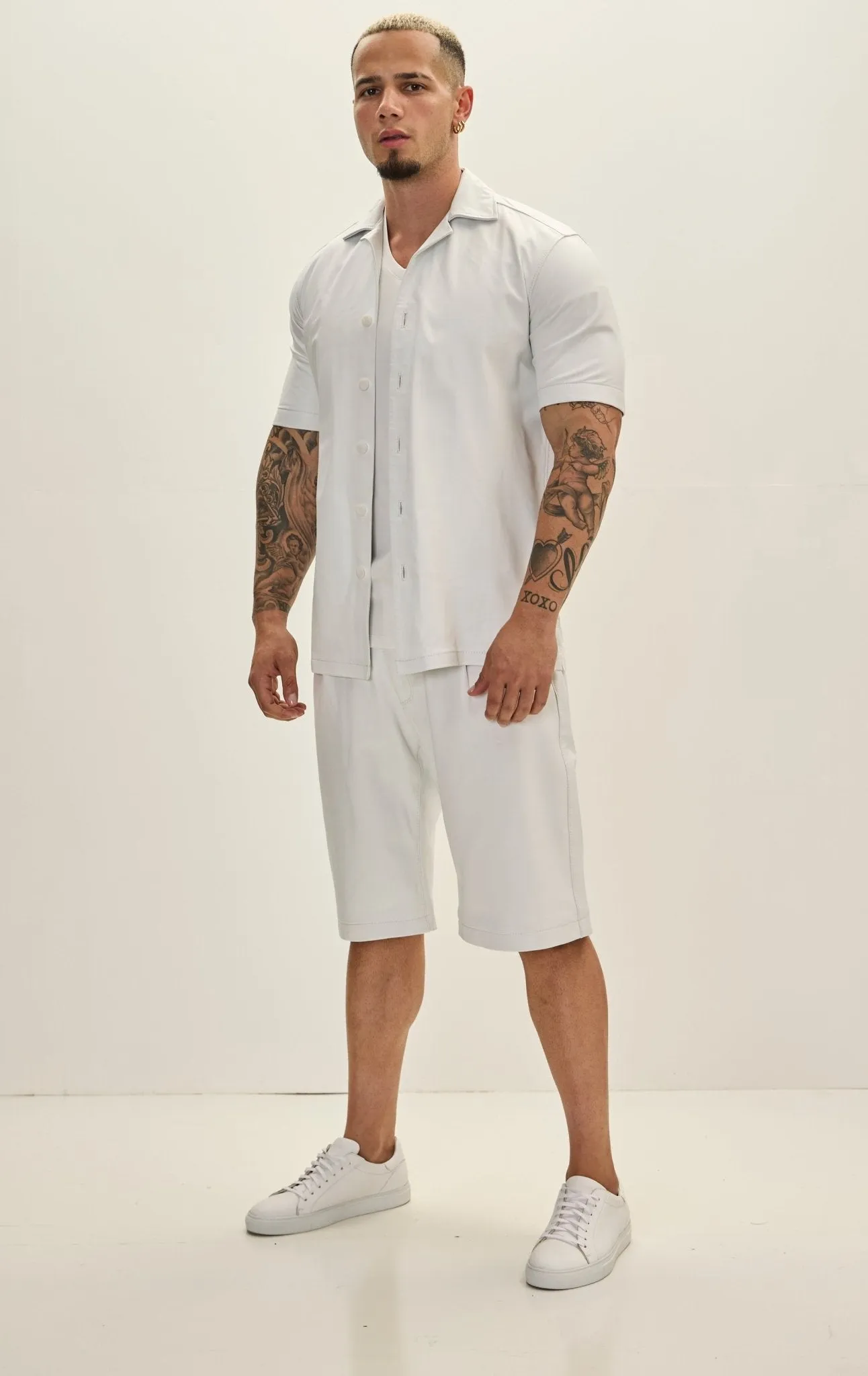 Short Sleeve Leather Shirt Jacket - White