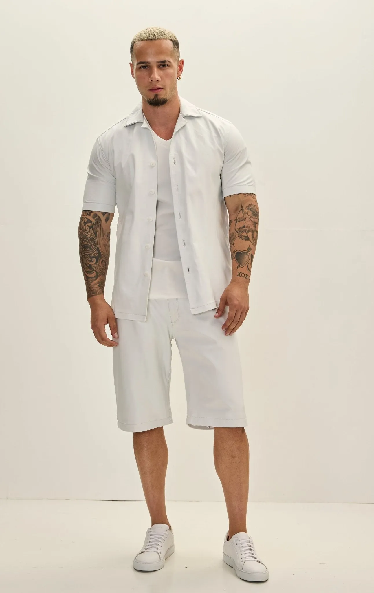 Short Sleeve Leather Shirt Jacket - White