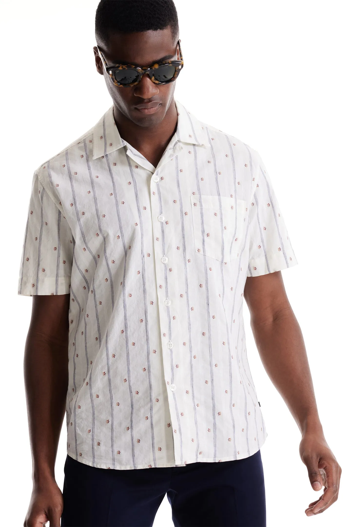 Soft Cloth Camp Collar Shirt in Italian Woven - Natural Ombre Daisy Stripe