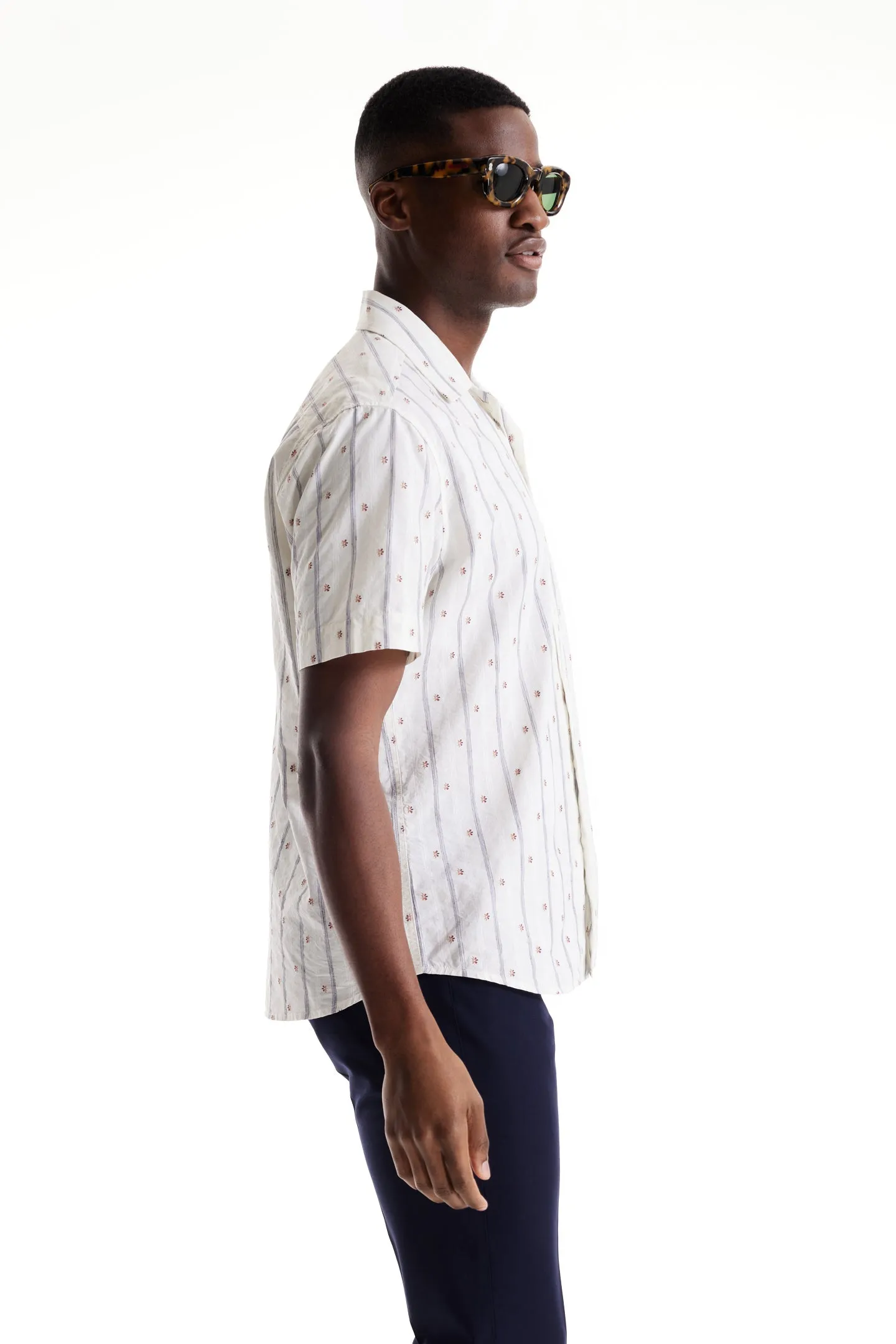 Soft Cloth Camp Collar Shirt in Italian Woven - Natural Ombre Daisy Stripe