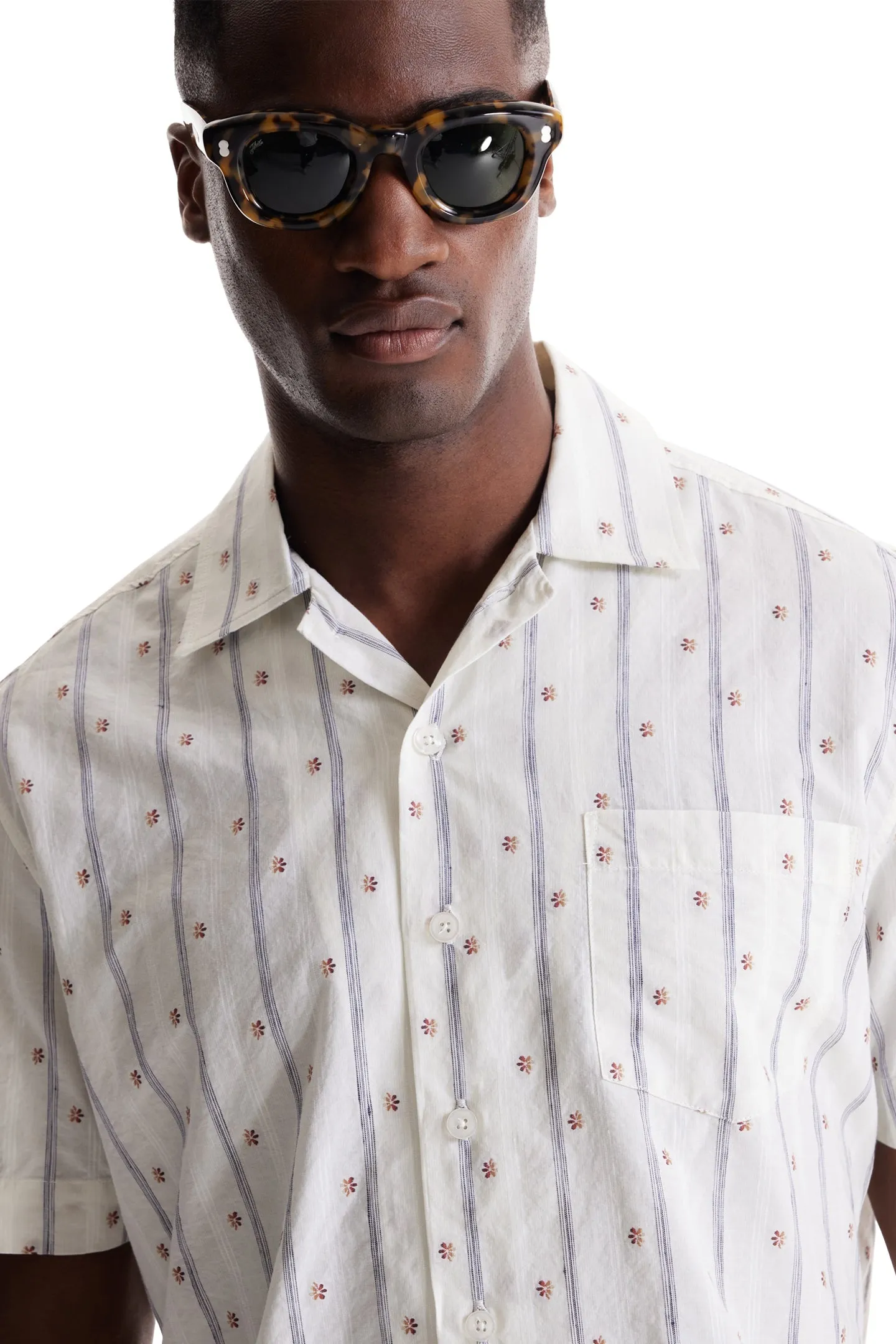 Soft Cloth Camp Collar Shirt in Italian Woven - Natural Ombre Daisy Stripe
