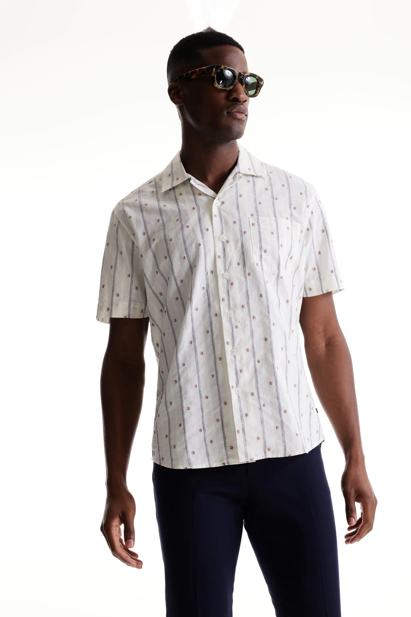 Soft Cloth Camp Collar Shirt in Italian Woven - Natural Ombre Daisy Stripe