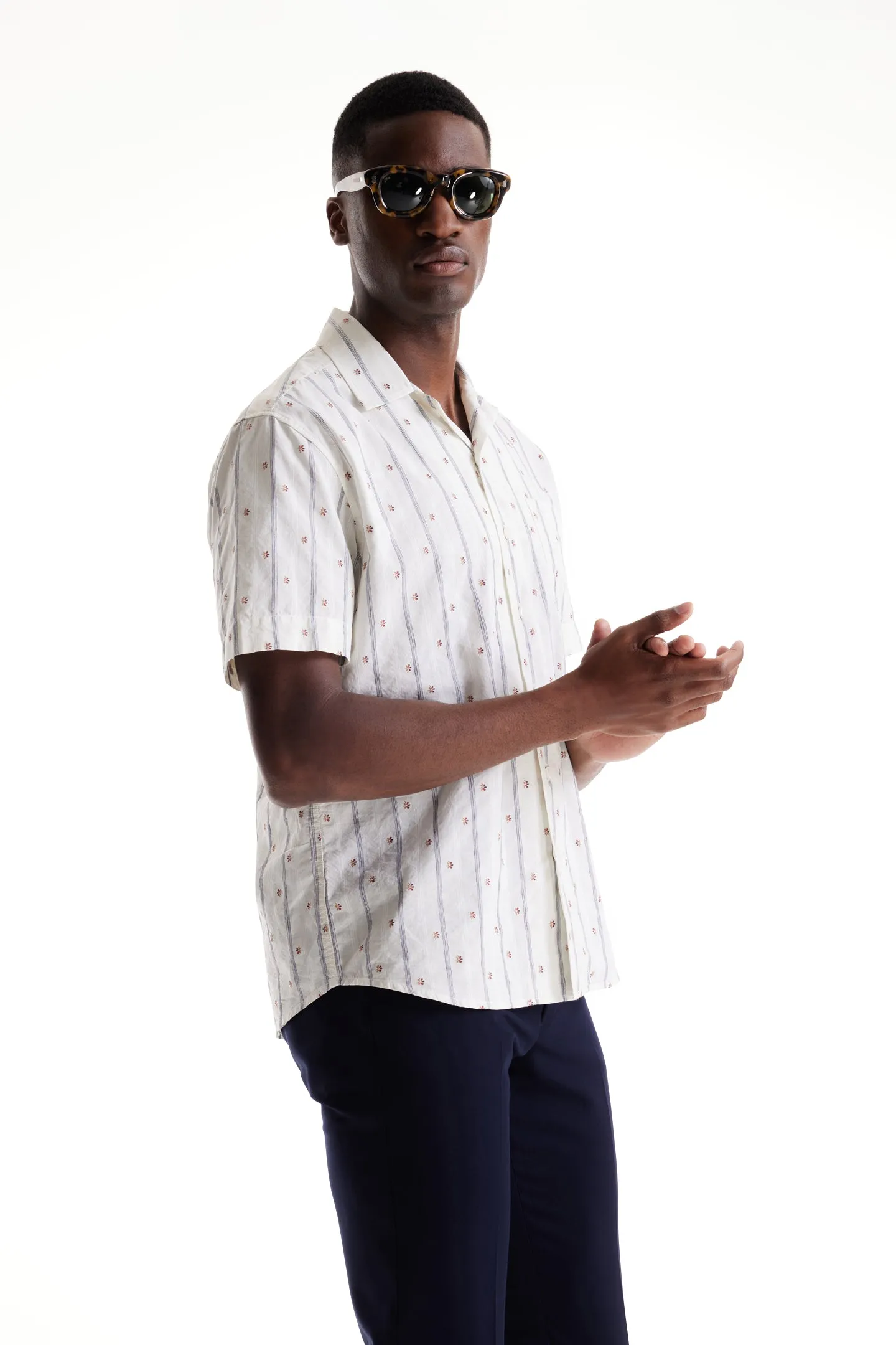 Soft Cloth Camp Collar Shirt in Italian Woven - Natural Ombre Daisy Stripe