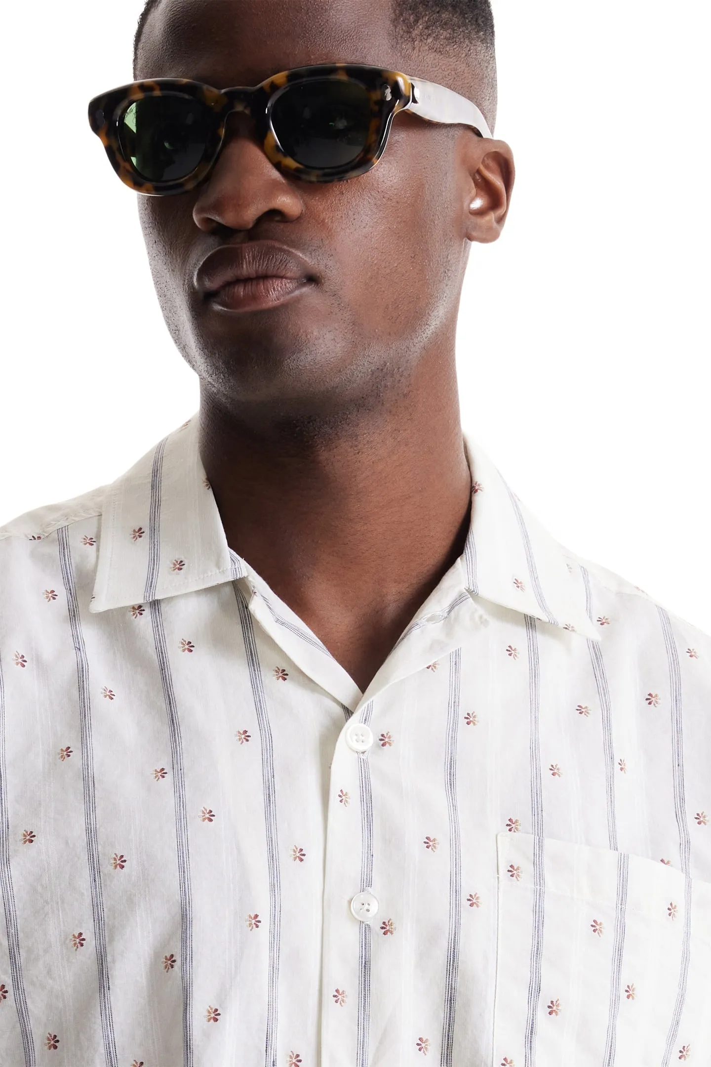 Soft Cloth Camp Collar Shirt in Italian Woven - Natural Ombre Daisy Stripe