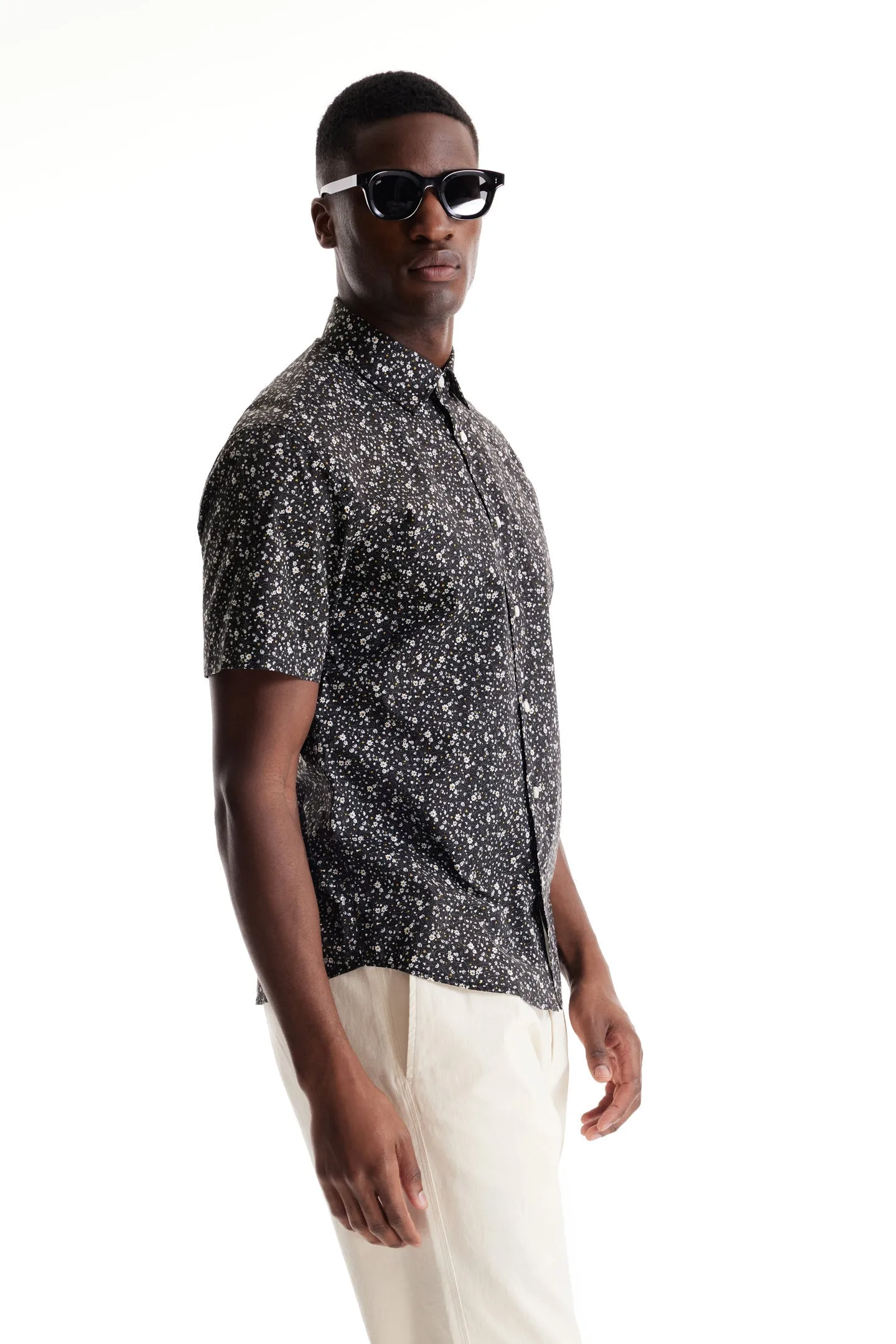 Soft Cloth Collar Shirt in Italian Poplin - Black Lottie Swirl