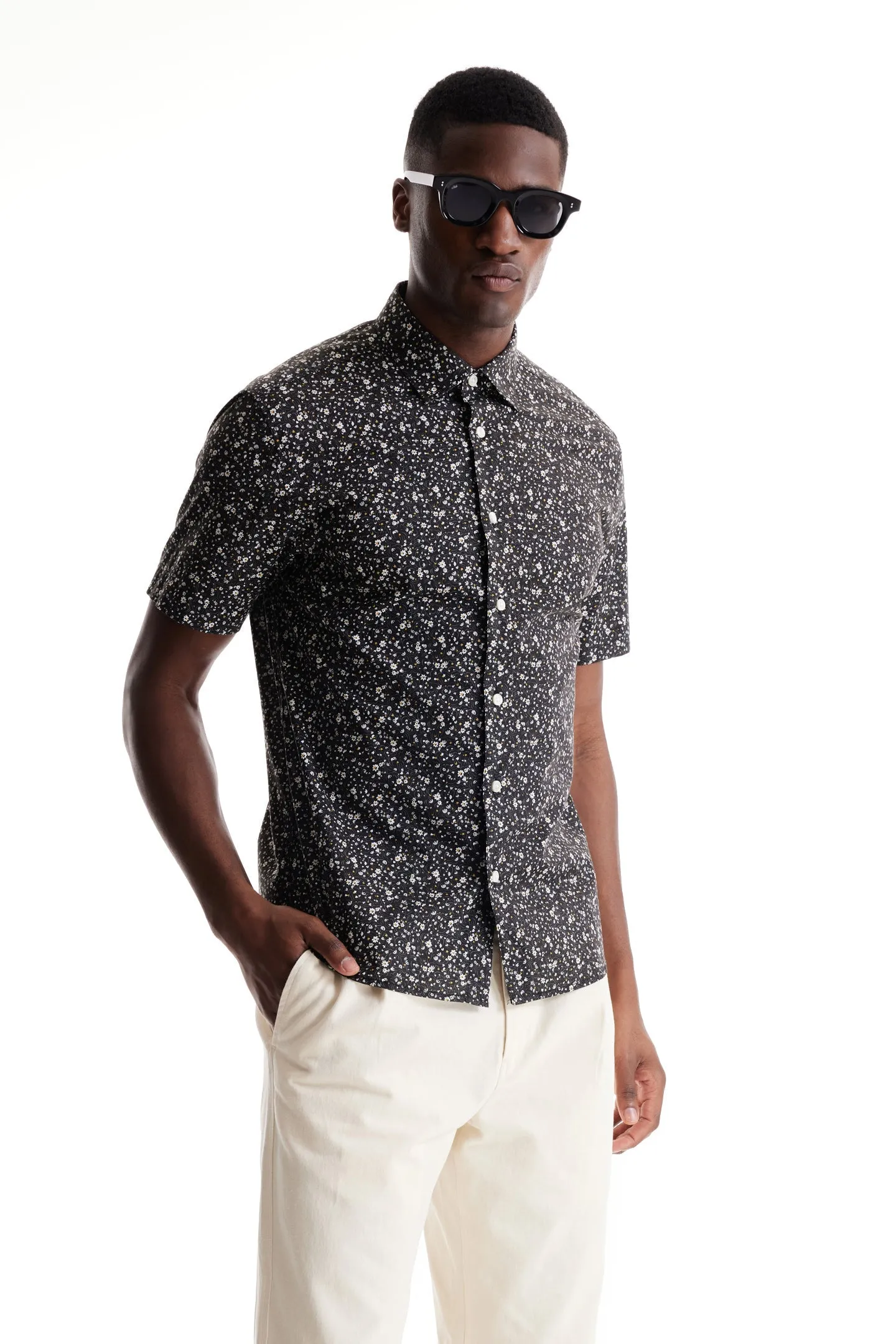 Soft Cloth Collar Shirt in Italian Poplin - Black Lottie Swirl