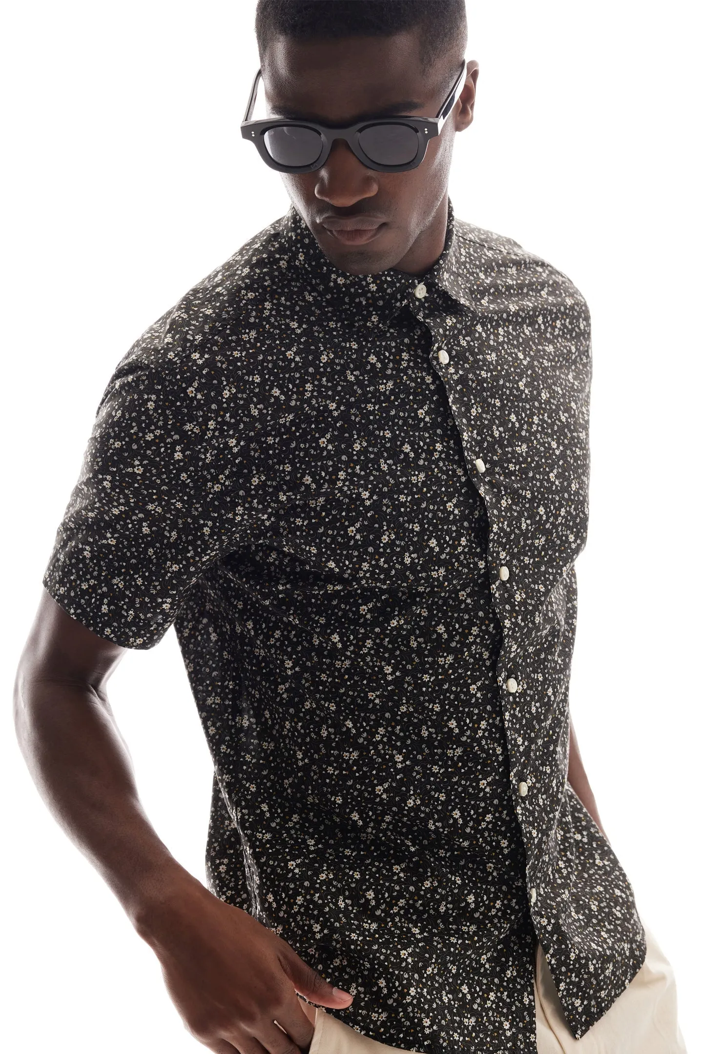 Soft Cloth Collar Shirt in Italian Poplin - Black Lottie Swirl