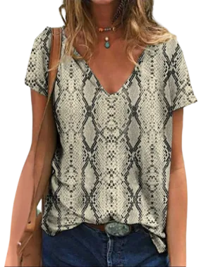Summer Fashion Women's T-shirt - Sexy Python Snake skin Print V-Neck Short Sleeve Tops, Striped Oversized Casual Blouse, Female Clothes