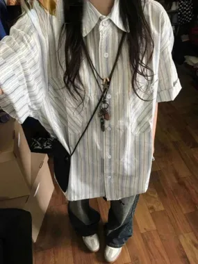 Territory Japanese Retro Blue Striped Short Sleeved Blouses Summer New  Sleeve Shirts Women Y2k E-Girl Mid-length Loose Blusas Mujer