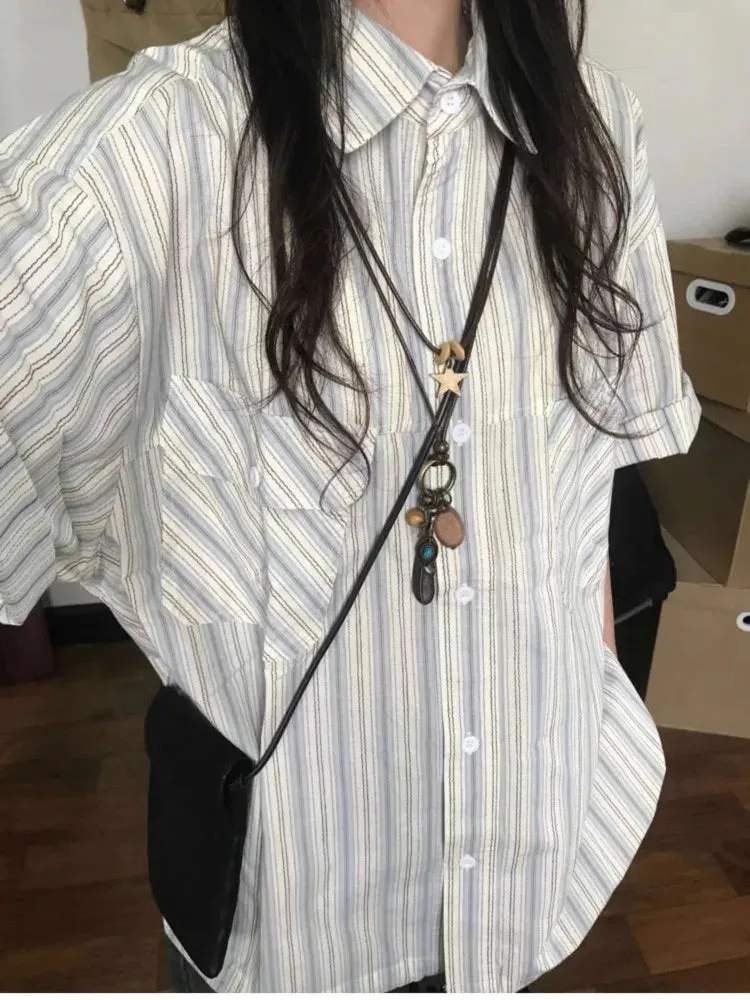 Territory Japanese Retro Blue Striped Short Sleeved Blouses Summer New  Sleeve Shirts Women Y2k E-Girl Mid-length Loose Blusas Mujer