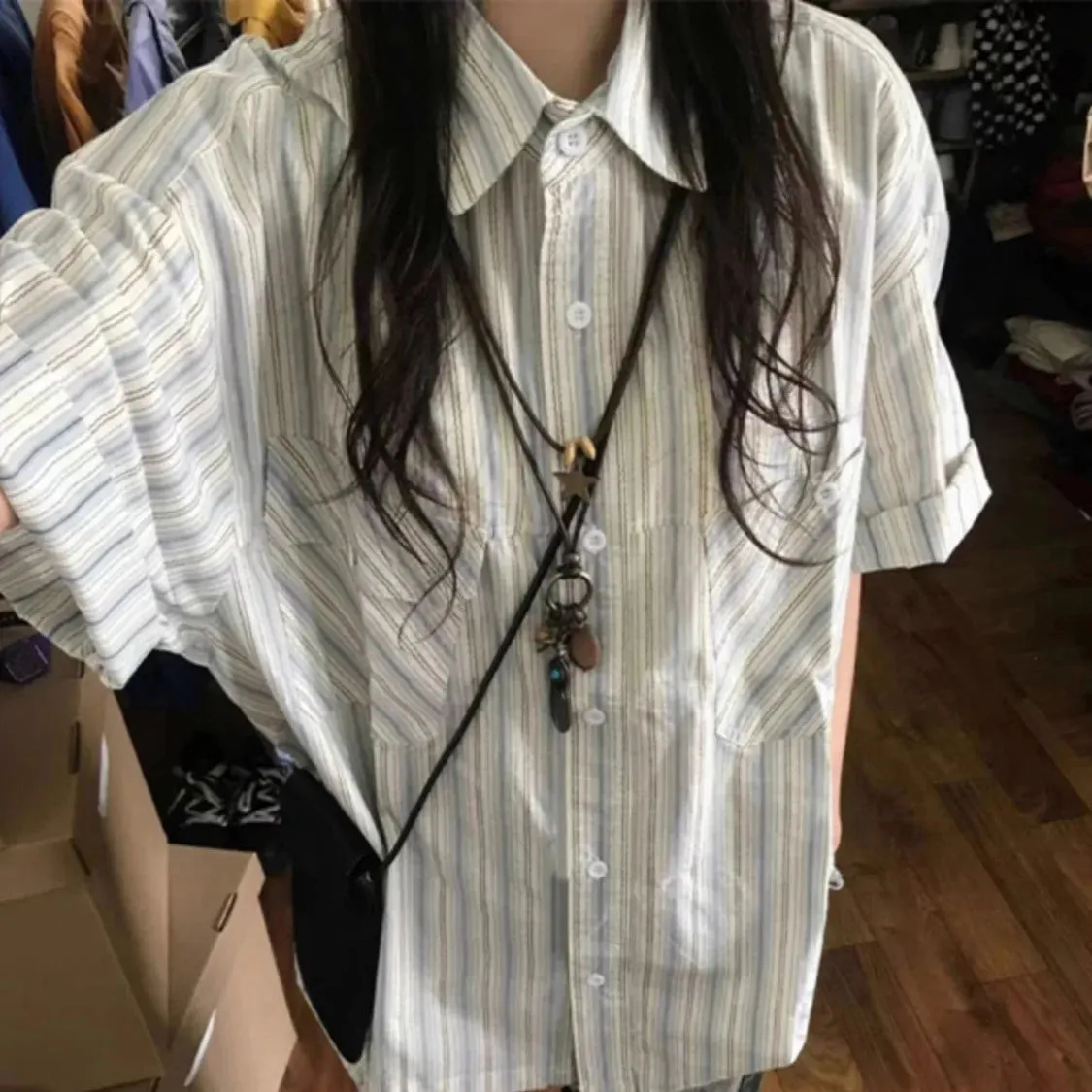 Territory Japanese Retro Blue Striped Short Sleeved Blouses Summer New  Sleeve Shirts Women Y2k E-Girl Mid-length Loose Blusas Mujer