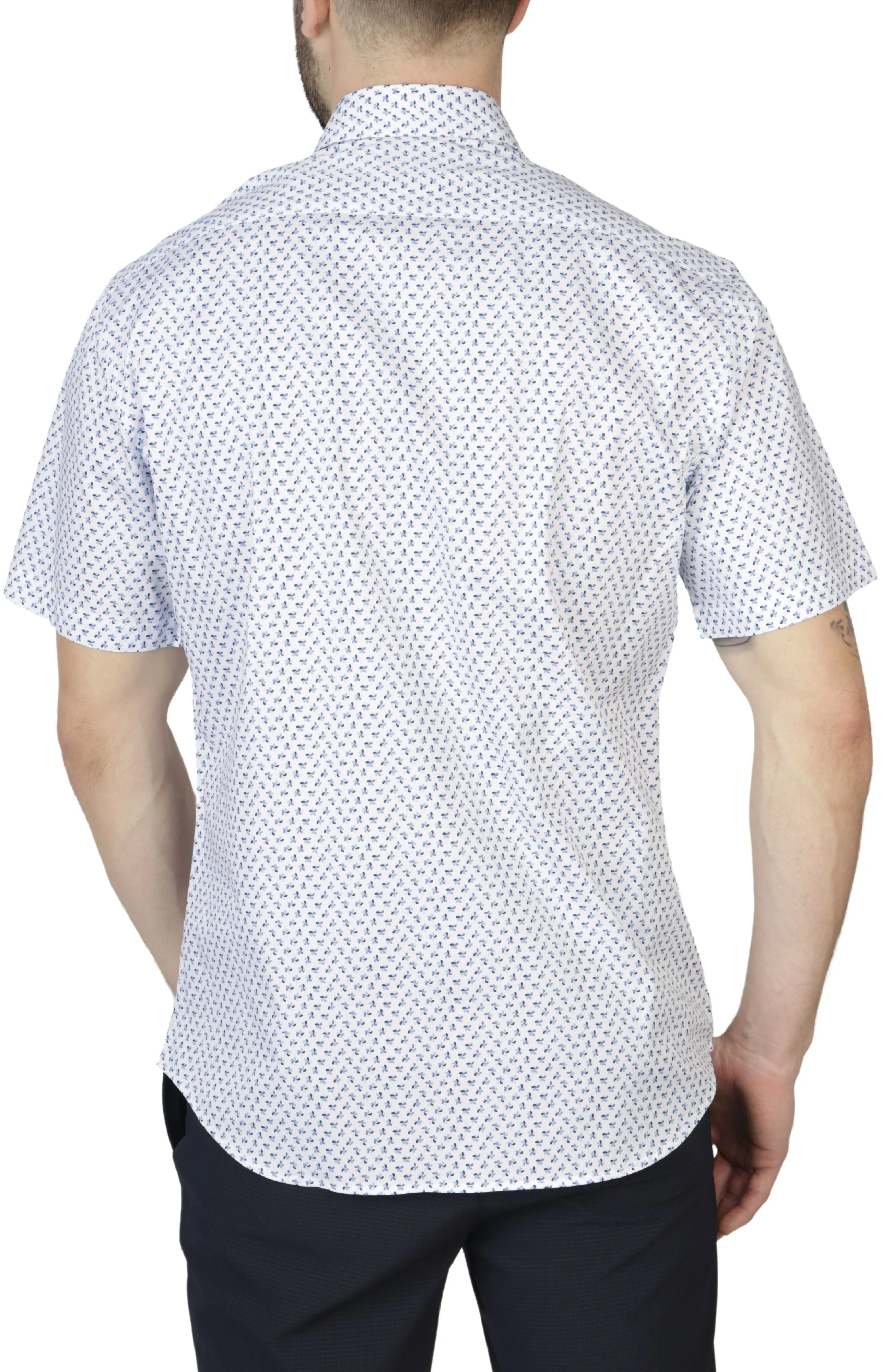 White Geo Floral Cotton Stretch Short Sleeve Shirt