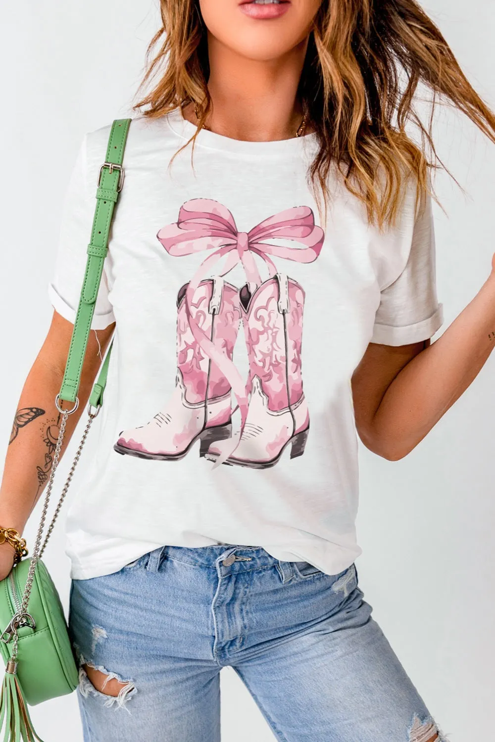 Women Boot Graphic Round Neck Short Sleeve T-Shirt