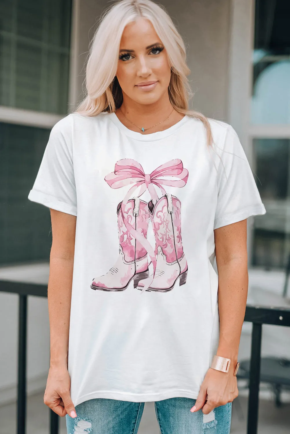 Women Boot Graphic Round Neck Short Sleeve T-Shirt