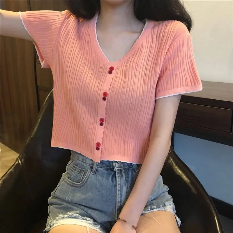 Women Short Sleeve T-Shirt Summer Slimming Slim-Look Thin Knitted Casual Korean INS Tops T-Shirt