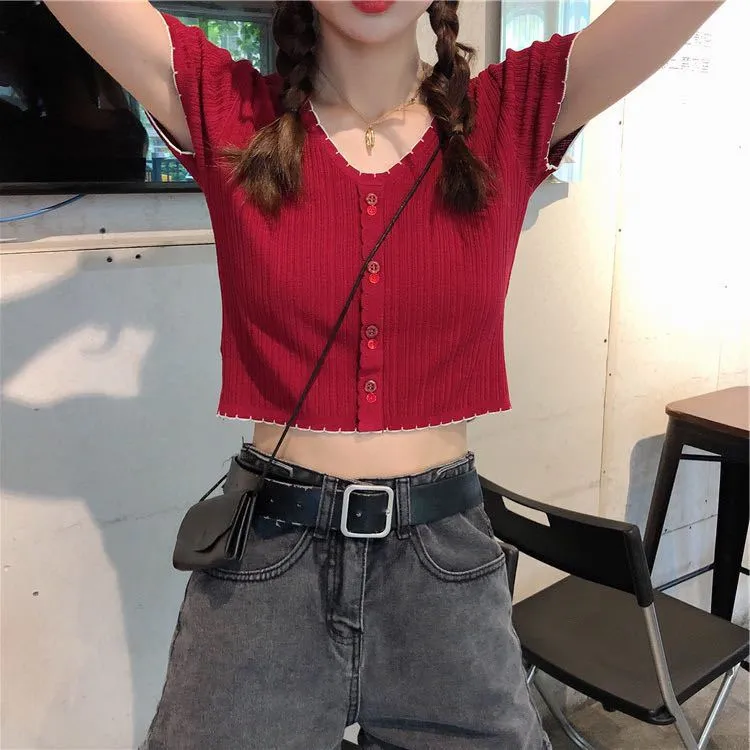 Women Short Sleeve T-Shirt Summer Slimming Slim-Look Thin Knitted Casual Korean INS Tops T-Shirt