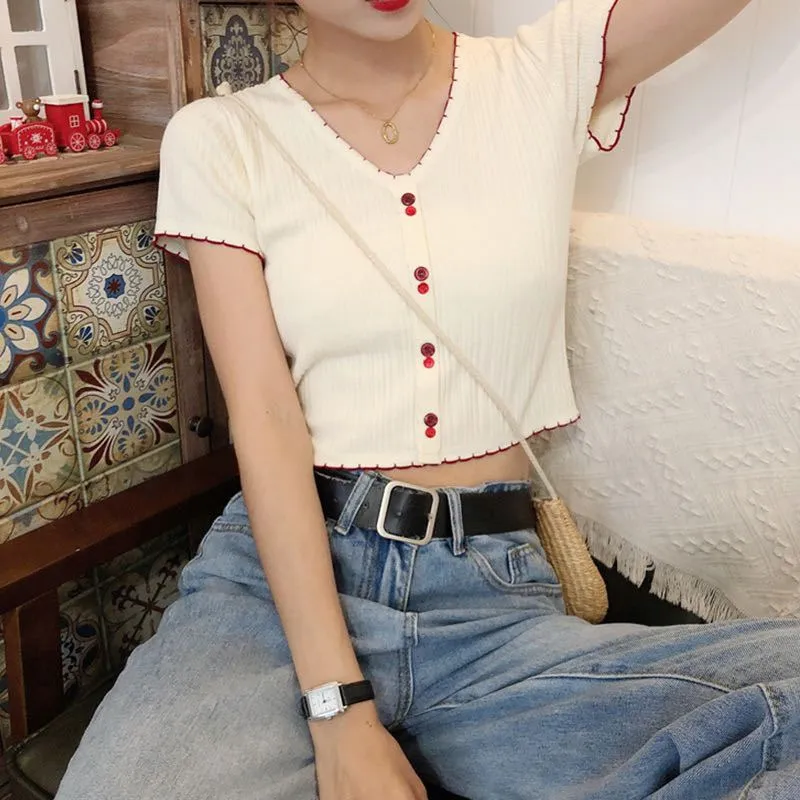 Women Short Sleeve T-Shirt Summer Slimming Slim-Look Thin Knitted Casual Korean INS Tops T-Shirt