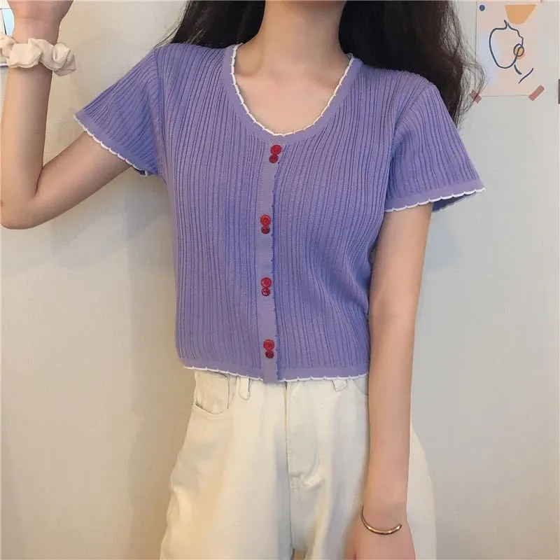 Women Short Sleeve T-Shirt Summer Slimming Slim-Look Thin Knitted Casual Korean INS Tops T-Shirt