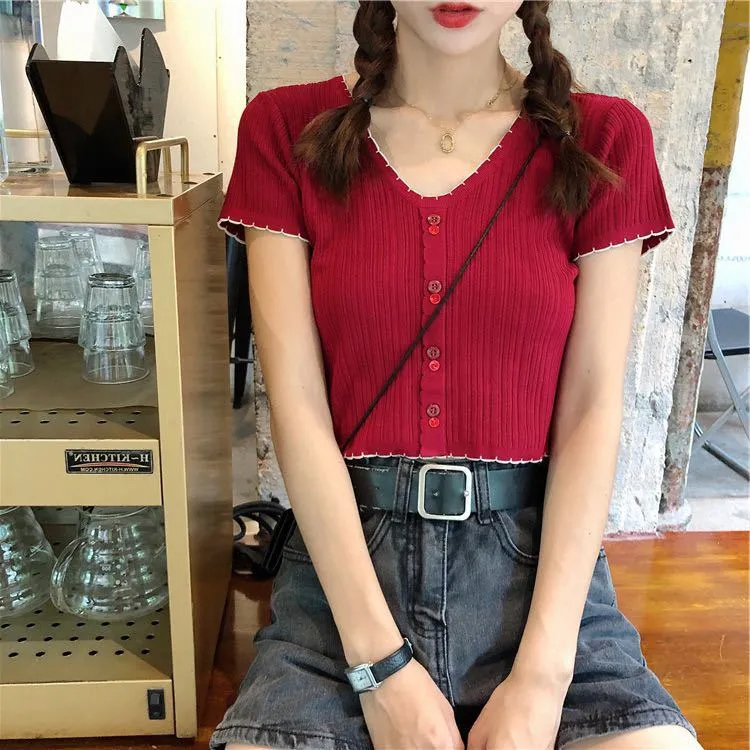 Women Short Sleeve T-Shirt Summer Slimming Slim-Look Thin Knitted Casual Korean INS Tops T-Shirt